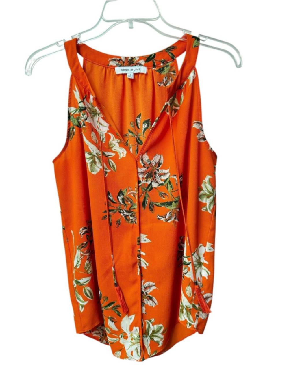 Rose & Olive Floral Sheer Sleeveless Blouse Lightweight Womens Small Bow Tassels